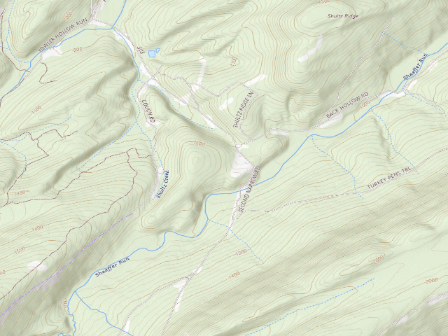 USGS topographic map of Tuscarora State Forest roadside campsite S001 (Showaker Camping Area)