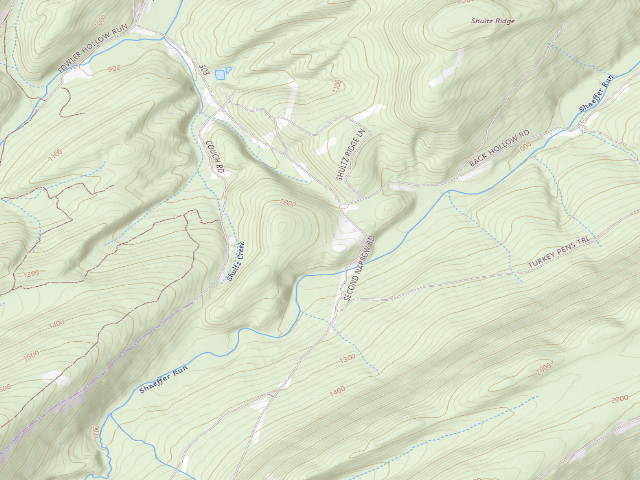 USGS topographic map of Tuscarora State Forest roadside campsite S002 (Showaker Camping Area)