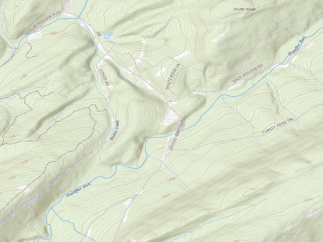 USGS topographic map of Tuscarora State Forest roadside campsite S003 (Showaker Camping Area)