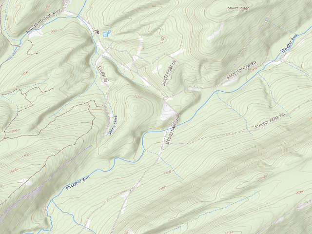 USGS topographic map of Tuscarora State Forest roadside campsite S004 (Showaker Camping Area)