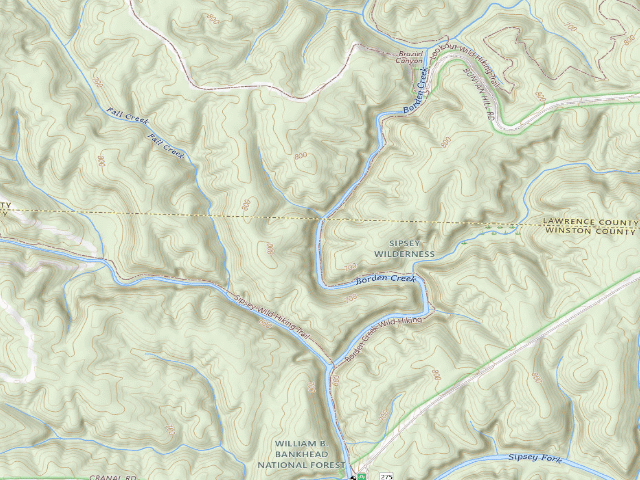 USGS topographic map of USFS dispersed camp #6 — Winston County, AL