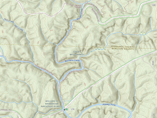 USGS topographic map of USFS dispersed camp #7 — Winston County, AL