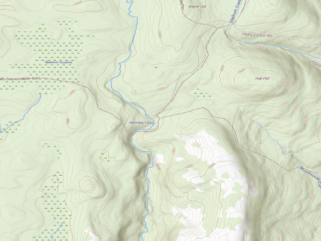 USGS topographic map of Vernooy Falls primitive tent site [DEC #228992] (Sundown Wild Forest)