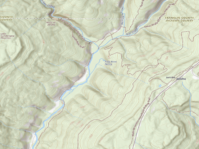 USGS topographic map of Walls of Jericho -- Hurricane Creek primitive camping area (near Clark Cemetery)