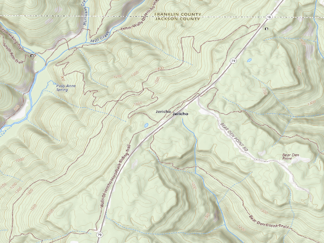 USGS topographic map of Walls of Jericho primitive camping area (north end of the hiking trail parking lot)