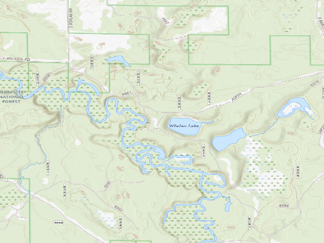 USGS topographic map of Whelan Lake Area Primitive Campground