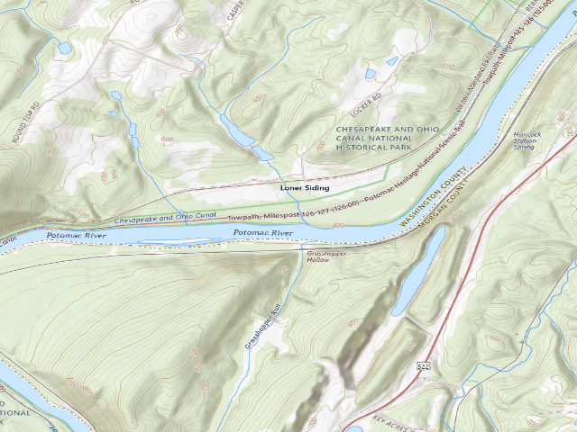 USGS topographic map of White Rock hiker-biker campsite (C&O Canal towpath mile 126.4)