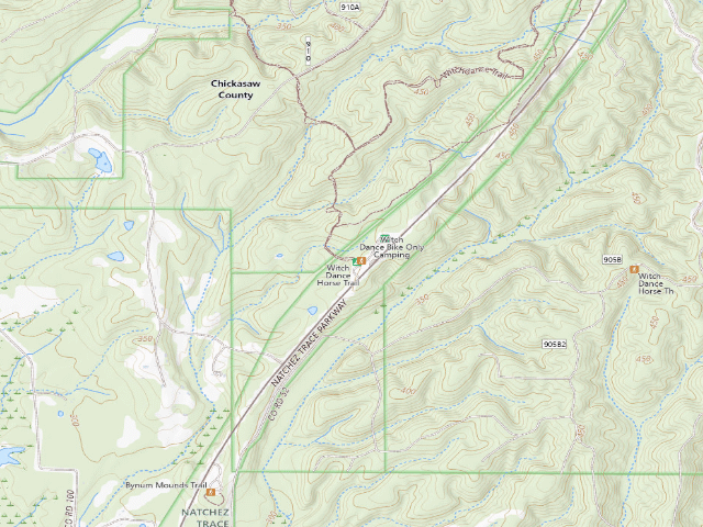 USGS topographic map of Witch Dance bicycle-only campground (Natchez Trace Parkway milepost 234)