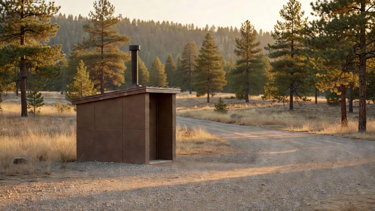 An imagined scene representing Vault toilet