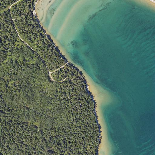 Aerial view of the land around Hiawatha National Forest — near Lake Huron